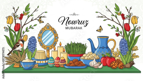 Vibrant nowruz celebration table setting with traditional items and decorations on green cloth with Mubarak and Persian New Year and mirror and candles