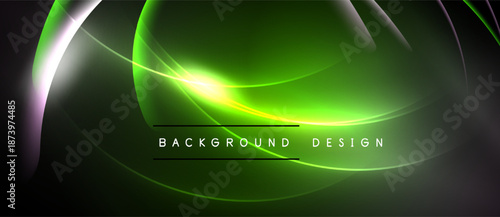 Abstract green neon lines create dynamic background. Bright glow radiates from central point, forming elegant curves. Dark space surrounds vibrant design.