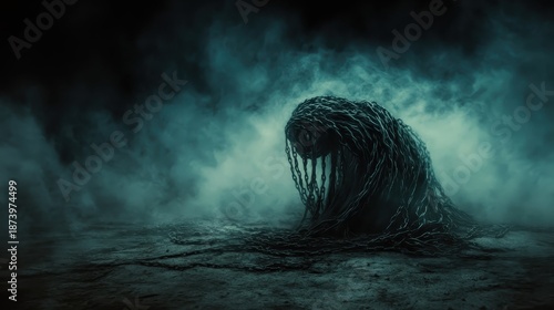 Dark tangled metallic chains forming a suffocating knot in murky atmospheric haze