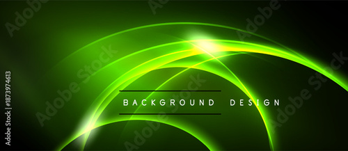 Abstract green neon lines form curved shapes over dark background. Bright glow emanates from central point, creating dynamic visual effect.