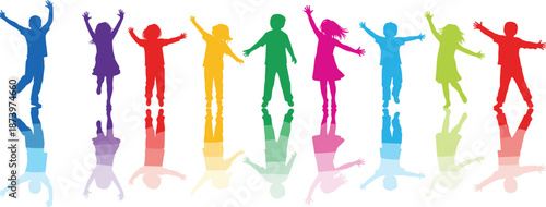 Colorful silhouettes of joyful children jumping with raised arms in a line for themes of diversity, play, community, and childhood celebration.