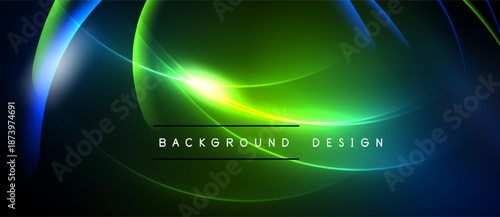 Abstract neon lines create vibrant green, blue glow. Dark background emphasizes luminous curves, modern design elements.