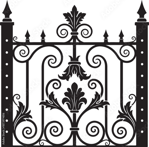 Black wrought iron gate with ornate scrollwork and finials