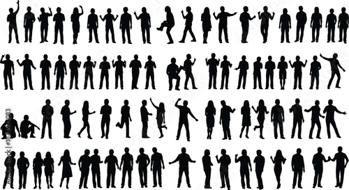 Extensive collection of black human silhouettes in diverse poses for animation, behavior study, character modeling, and visual design reference.