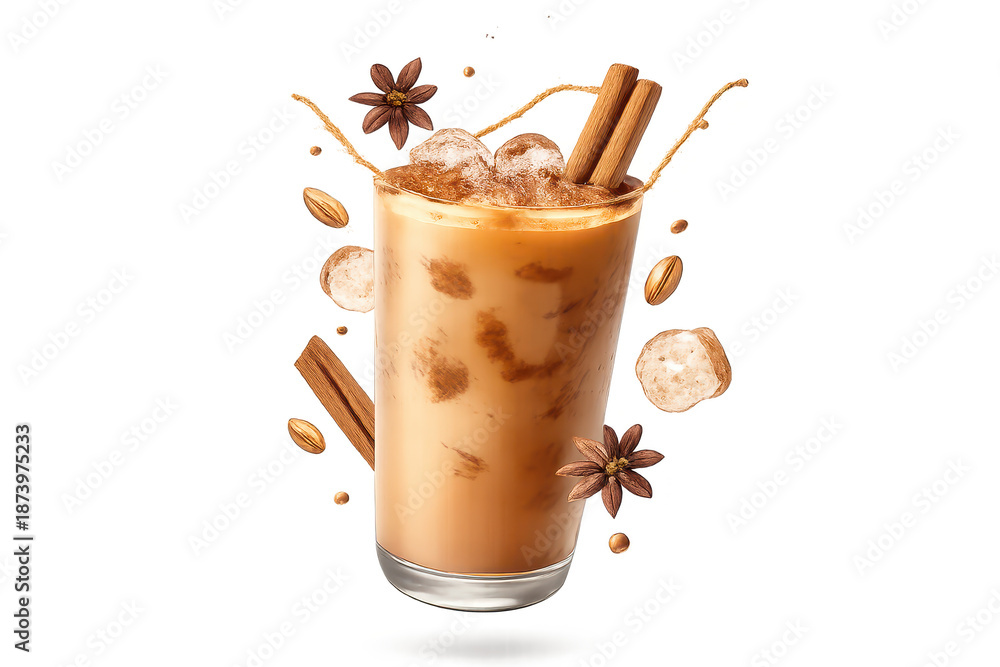 Obraz premium Iced chai latte with spices on transparent background illustration