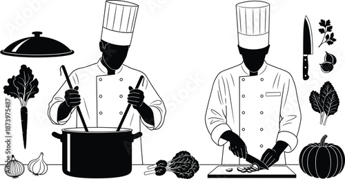 Professional chef cooking illustration, kitchen food preparation scene with vegetables, knife and pot, black white culinary vector art