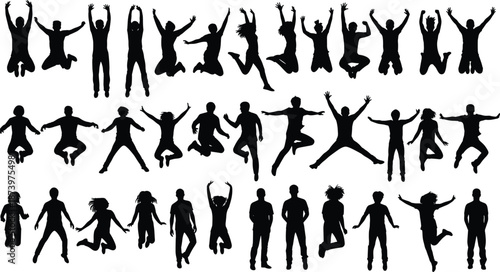Large collection of jumping people silhouettes set featuring diverse men women and children leaping in joy and celebration isolated on white background for design