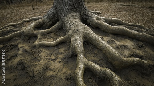Gnarly twisted roots of a tree exposed by soil erosion showing the intricate natural underground system