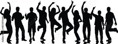 Large collection of jumping and dancing people silhouettes set featuring diverse men women and children leaping in joy isolated on white background for design