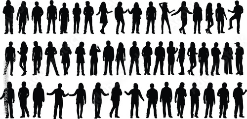 Massive collection of people silhouettes including jumping kids dancing party groups standing diverse adults and students lying with laptops isolated on white background for design