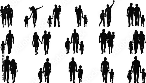 Massive mega collection of diverse people silhouettes featuring jumping kids dancing friends walking students standing families and people working on laptops isolated on white background