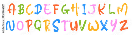 Marker textured font. Grunge alphabet with capital letters. Stylish brush painted an uppercase vector letters