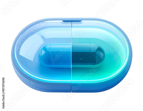 A translucent capsule, bisected, revealing a blue and green pill inside