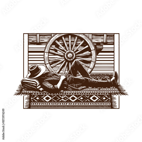 Man lying under wagon wheel on a patterned rug