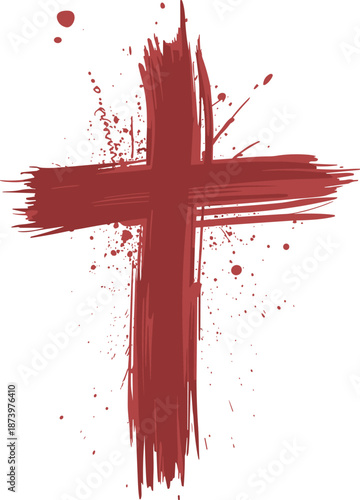 Red artistic christian cross vector illustration, hand drawn brush stroke crucifix with paint splatters, religious symbol for spiritual graphic design