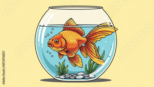 Vibrant orange goldfish swimming in a glass fishbowl with aquatic plants and pebbles on a pale yellow background with aquarium and orange fish