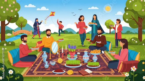 Happy people enjoying traditional outdoor gathering with food and leisure activities on a colorful rug in a serene landscape with traditional gathering