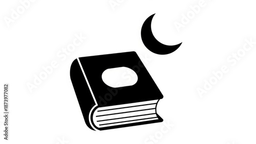 Black and white illustration of a book with a crescent moon above it symbolizing islamic literature and spirituality with ramadan and religion