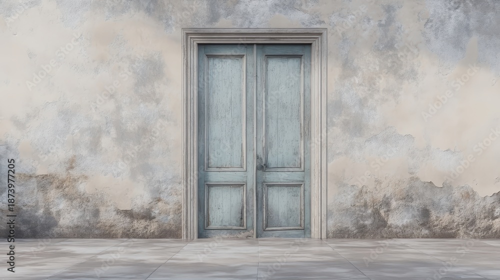 Fototapeta premium Weathered blue wooden double doors with peeling paint set against a textured gray stone wall