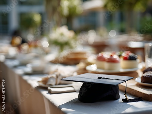 Graduation mortarboard cap on table at outdoor garden party with desserts. Graduation celebration setup with food and tableware