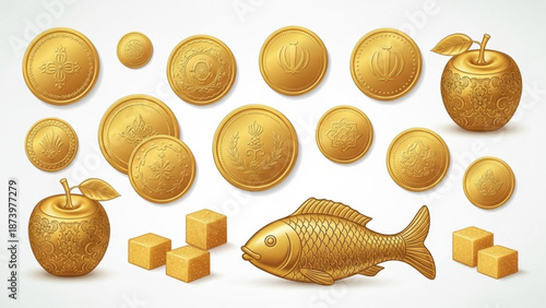 Golden coins and treasures including apples and fish on white background illustration with wealth and gold bars and luxury and abundance and prosperity