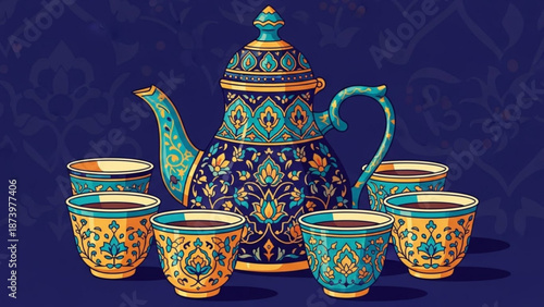 Vibrant traditional tea set with ornate teapot and cups on dark blue background with vintage and moroccan and ceramic and luxury and elegant