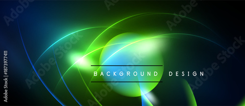 Abstract neon lines create vibrant background. Green, blue hues dominate composition, forming dynamic curves, shapes. Text reads background design.