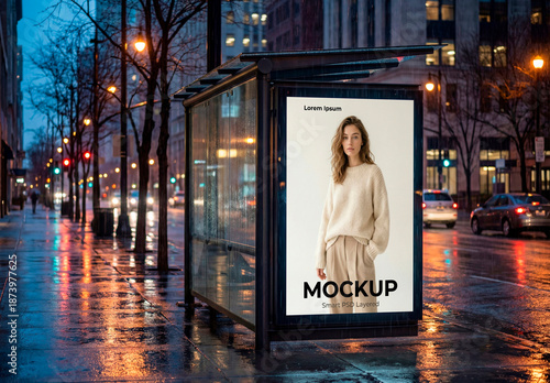 Bus stop poster at night rain