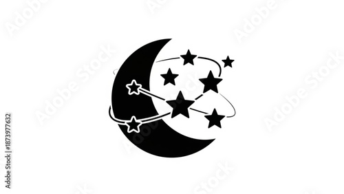 Black crescent moon with stars and orbiting star trails on white background for astronomy and space themed designs with celestial and night sky