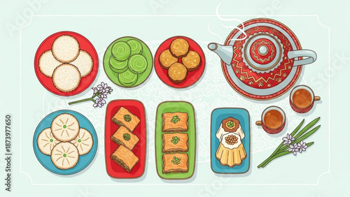 Colorful assortment of traditional sweet pastries and tea on decorative plates and in cups on a light blue background with traditional desserts