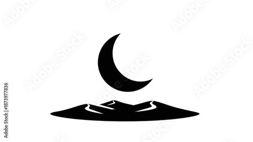 A serene black silhouette of a crescent moon rising over a stylized mountain range on a white background with minimalist and peaceful and landscape