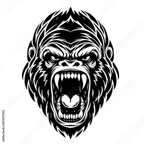 Fierce black and white gorilla head illustration roaring with sharp teeth, bold lines, and powerful tattoo-style design.