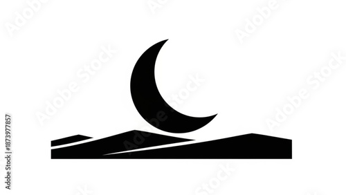 A serene black silhouette of a crescent moon rising over a stylized mountain range at dusk on a white background with moonrise and night sky