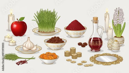 Nowruz celebration symbols including apple wheat candles and traditional foods on a white background representing persian new year with spring