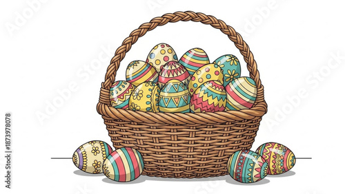 Colorful easter eggs in wicker basket illustration with vibrant patterns and stripes on white background with colorful illustration and Easter decoration