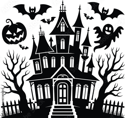 Spooky Halloween Haunted Mansion Silhouette Set Featuring Bats Ghosts Pumpkin and Dead Trees Isolated on White Background for Holiday Graphic Design