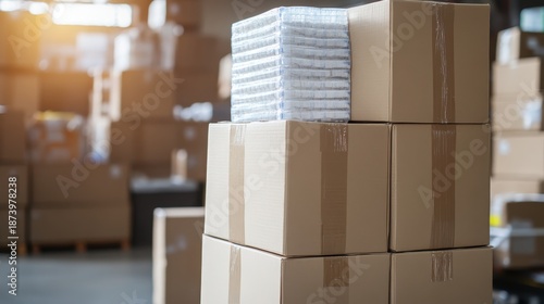 Stacks of cardboard boxes and medical consumables in a warehouse storage facility