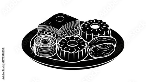 A black and white illustration of assorted sweet baked goods on a plate including cakes and pastries with sweets and desserts and food and graphic
