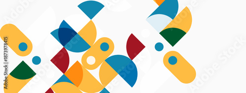 Abstract geometric shapes overlap, creating colorful composition. Circles, segments, curves define modern design aesthetic.