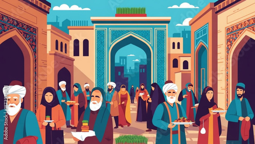 Vibrant illustration of people in traditional middle eastern clothing gathered in a courtyard with ornate arches and buildings under a blue sky with clouds