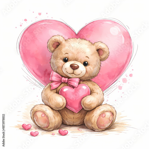 Teddy bear with heart in soft pastel colors with watercolor texture for Valentines Day celebration.