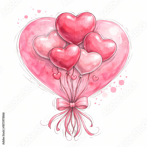 Heart balloons with ribbon in soft pink watercolor style with gentle lighting for Valentines Day celebration.