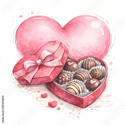 Assorted gourmet chocolate truffles are displayed open inside a pink heart-shaped box isolated on a white background for celebration.