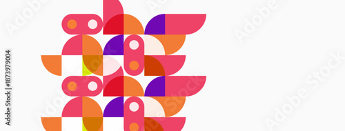 Abstract geometric shapes, vibrant colors, playful composition. Circles, squares, rectangles create interesting visual texture. Modern design.