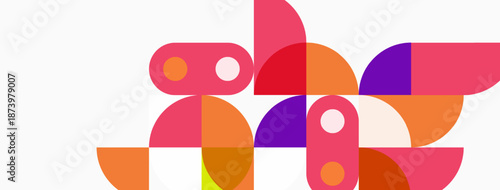 Abstract geometric shapes overlap, creating vibrant composition. Pink, orange, purple hues dominate neutral background. Modern design.