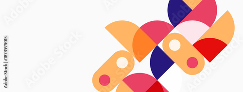 Abstract colorful semicircles overlap, creating dynamic composition. Pink, orange, purple hues dominate white background. Modern design.