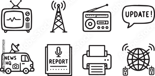 Black and white vector set of 8 icons for news, media, and communication including van, tower, and report