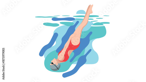 Elegant female swimmer diving underwater in minimalist design
