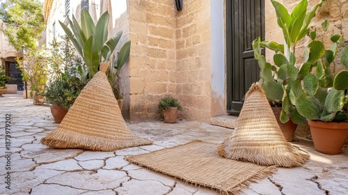 Woven straw mats and conical shades on a textured stone floor with potted plants and stone architecture