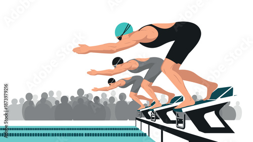 Competitive swimmers in dynamic flat style ready to dive in race event